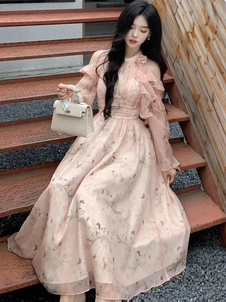 French Printed Midi Dress Autumn Off Shoulder Oneck Long Sleeve Slim Clothing Evening Party Mujer