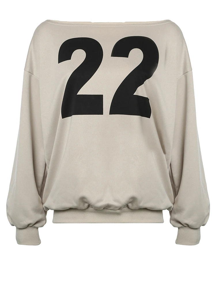 Figure Print Loose Sweatshirts Autumn Winter New Off Shoulder Slash Neck Pullovers