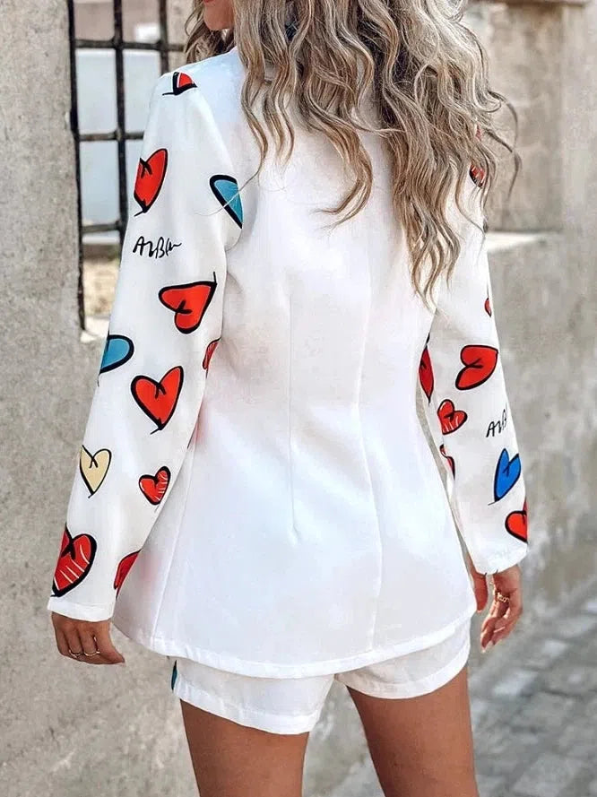 Heart Print Cami Top & Shorts With Long Blazer 3 Piece Coord Set