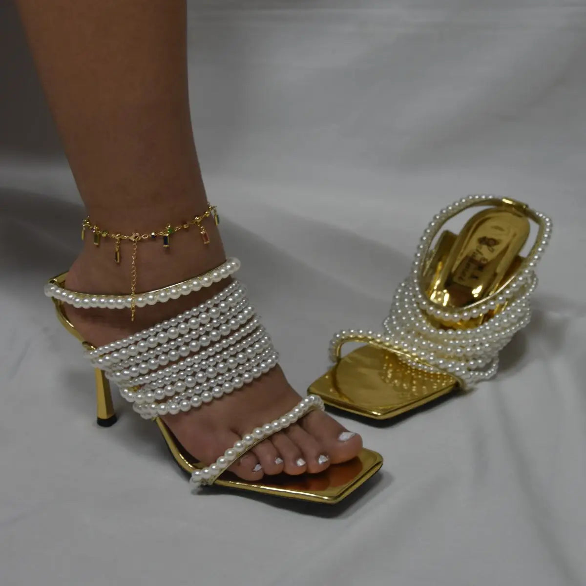 Brand Desigh New Gold String Bead Pearl Wrap Slip on Thin Heels Party Summer Sandals Bride Wedding Dress Shoes