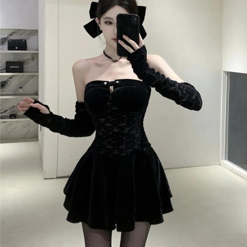 Y2k Gothic Strapless Mini Dresses Black Velvet Lace Patchwork Evening Party Dress A-line Slim Prom Vestidos Mujer New
