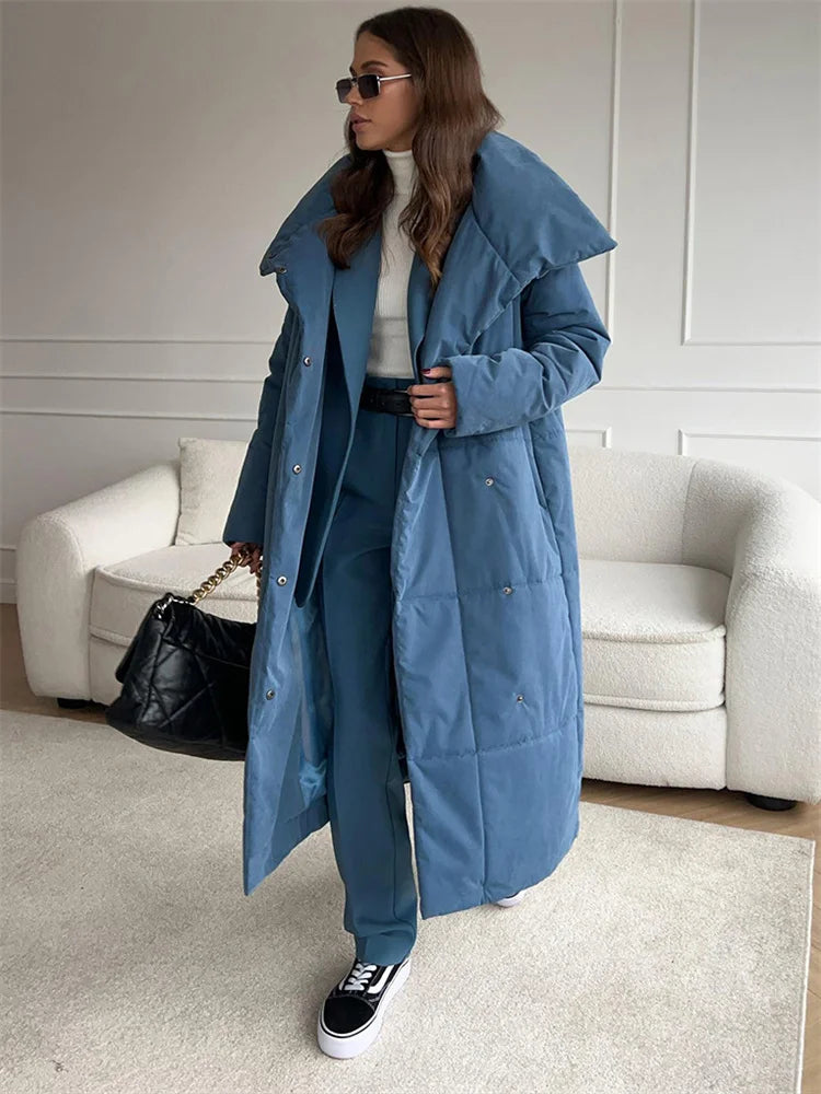 Winter Female Parkas Outwear Loose Lace-up High Waist Long Sleeve Pocket Lapel Bandage Coat for Parkas