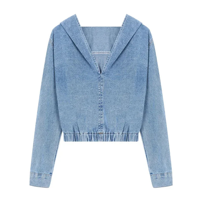Winter New American Distressed Washed Loose Denim Hooded Longsleeved Tshirt + Straight Shorts Twopiece Suit