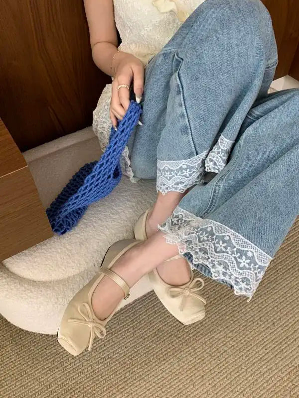 Woman Shallow Mouth Grandma Shoes Female Footwear Soft Bowknot Square Toe Ballet Dress Butterfly New