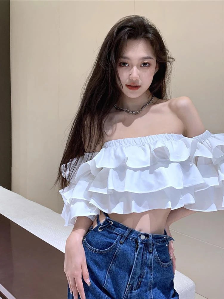 Korean Off Shoulder Woman Blouse Stacked Ruffles Crop Top Shirt Summer Designer Short Sleeve Chiffon New