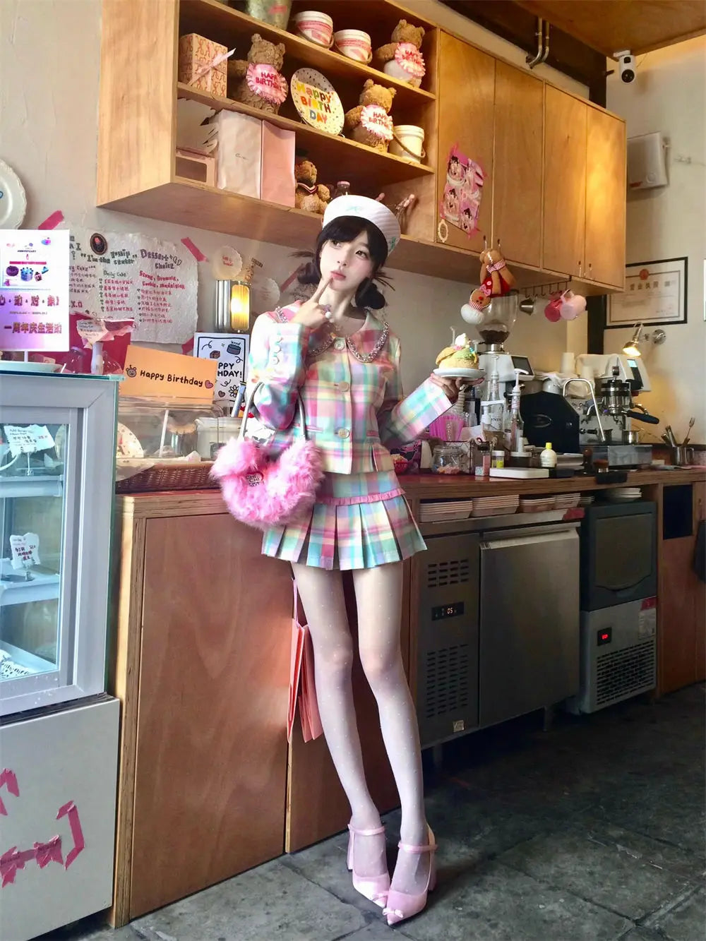 Sweet Rainbow Plaid Skirts Set Autumn New Doll Neck Coat Top High Waist Slim Pleated Short Skirt Two Piece Sets Outfits