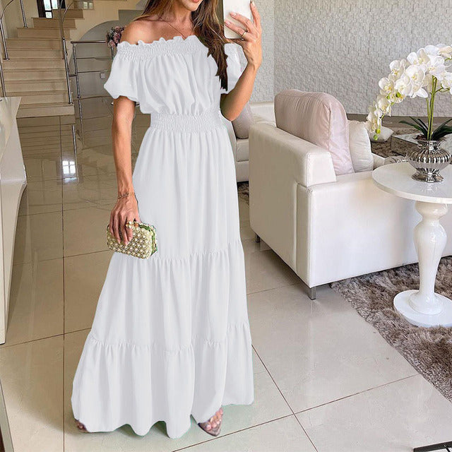 Summer Vestidos Red Short Sleeve Club Party Evening Long Dress Slim Color Robe Ruffles Elastic Waist Slash Neck