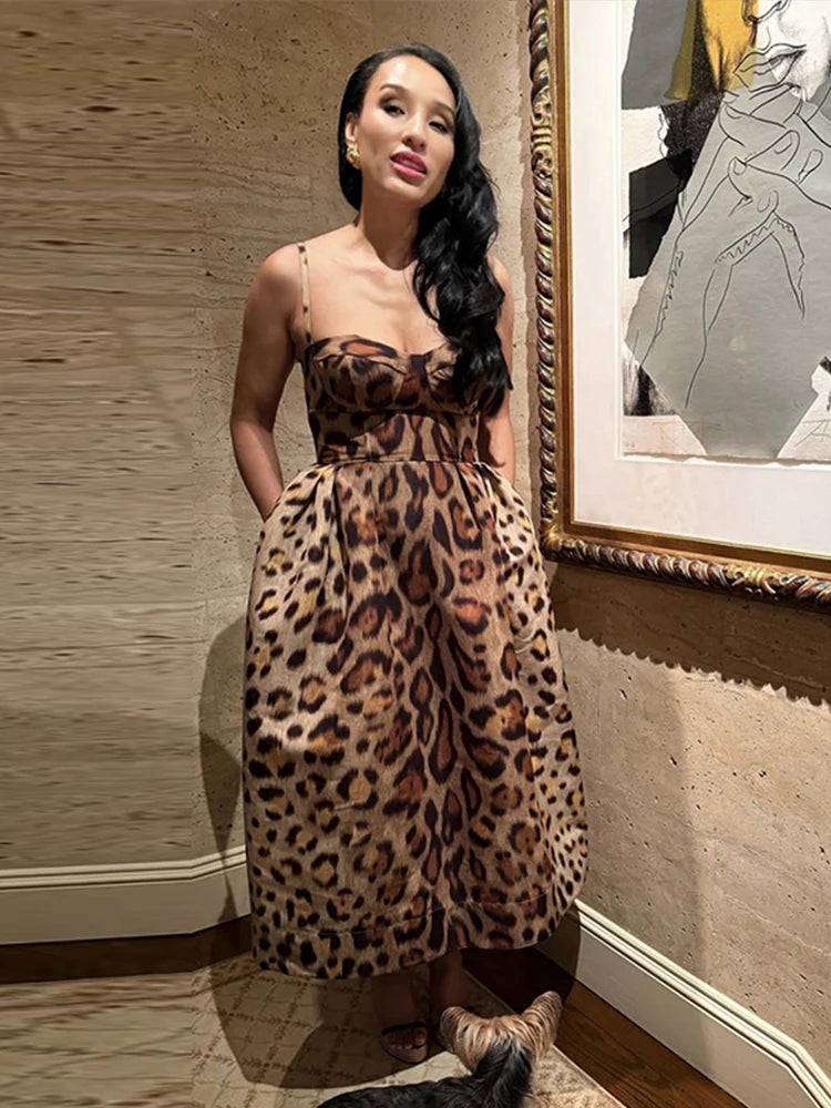 Leopard Sling Tube Long Dresses Sleeveless Slim Fit Backless Dress Female Street Party Evening Vestidos