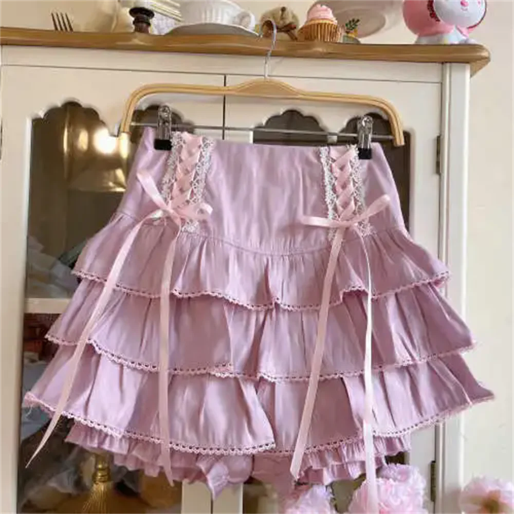 High Waist Bow Laceup Fairy Y2k Aesthetic Cake Mini Skirts Japanese Harajuku Kawaii Lace Pleated Skirts