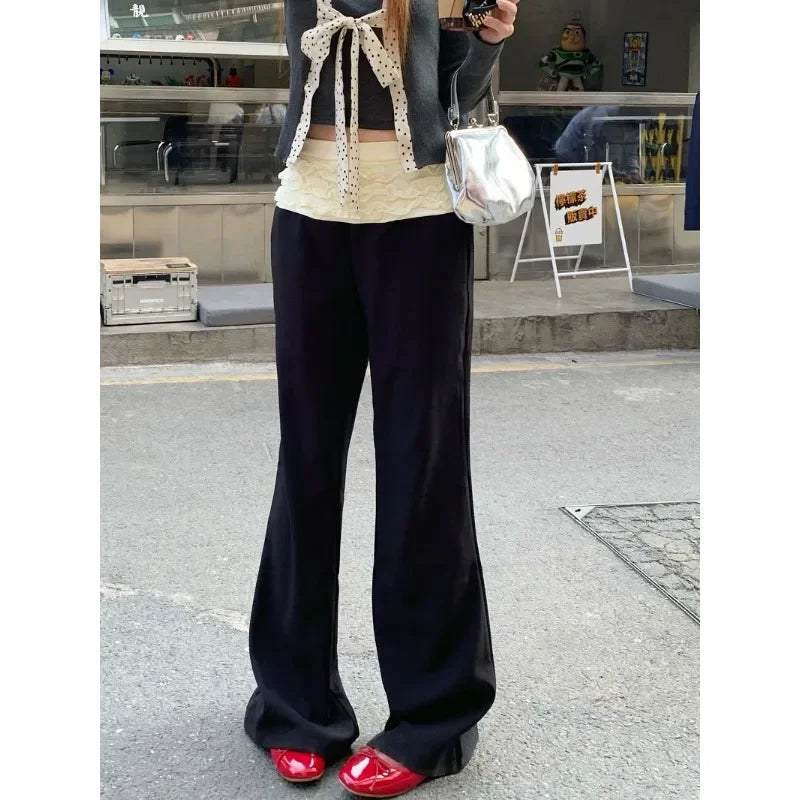 Spring New Korean Polka Dot Lace Up Longsleeved Tshirt + Contrast Color Patchwork Pants Twopiece Suit