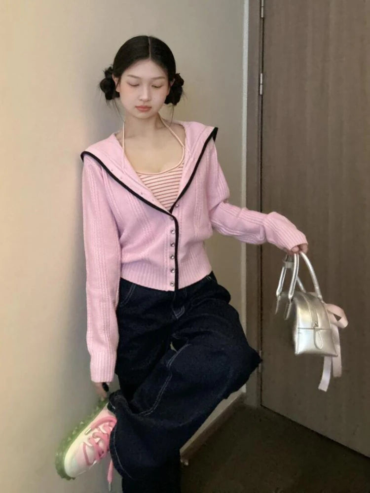 Y2k Pink Knitted Cardigan Sailor Collar Long Sleeve Sweater Korean Preppy Style Autumn Winter Clothes