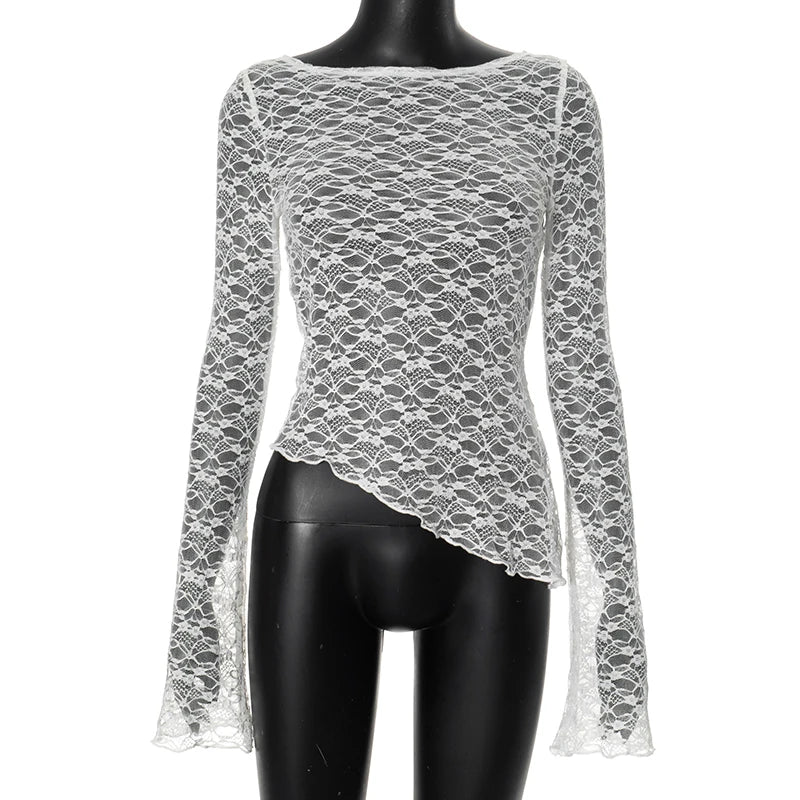 Lace Sheer T-shirt Cover-ups See Through Long Sleeve Asymmetrical Tees Shirt Mesh Crop Tops