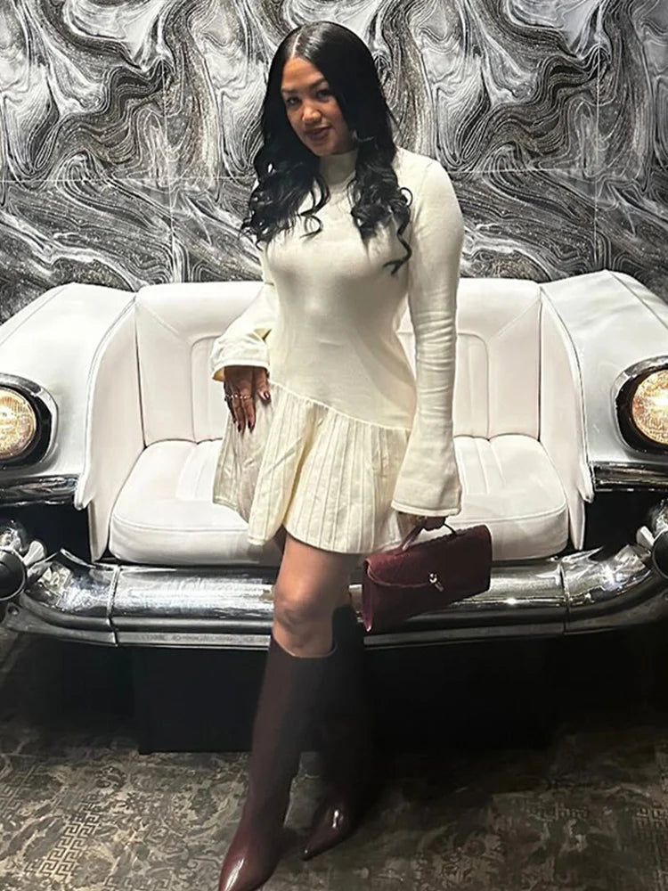 Knitted Flare Sleeve Mini Dress Turtleneck Slim Pleated Short Dresses Female Autumn Knitwear
