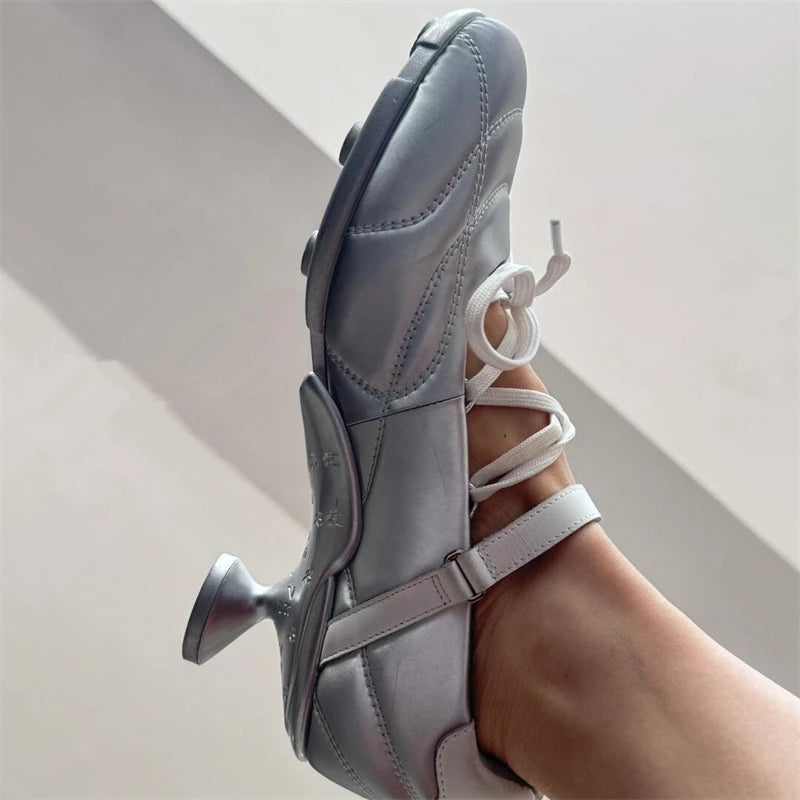 Special Heel Design Laceup Ballet Shoes Nonslip Buckle Strap Shoes Handmade Round Toe Sapatos Femimino