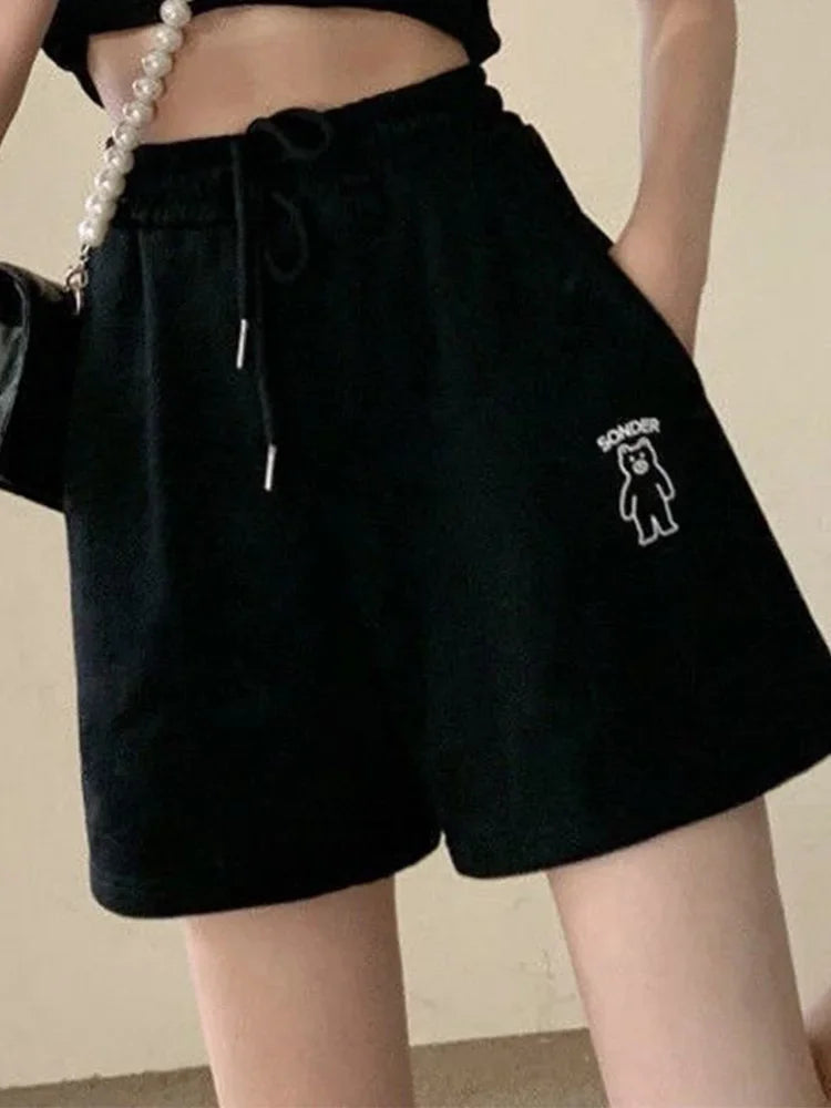 Loose Shorts Pants for Summer Clothes Bear Printed Ropa De Mujer Elastic High Waist Trousers