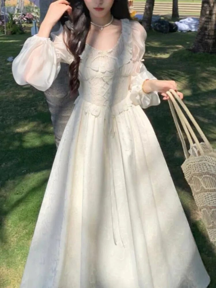 Puff Sleeves Lace Up Midi Dress Summer Medieval Retro Evening Party Prom Onepiece Clothing