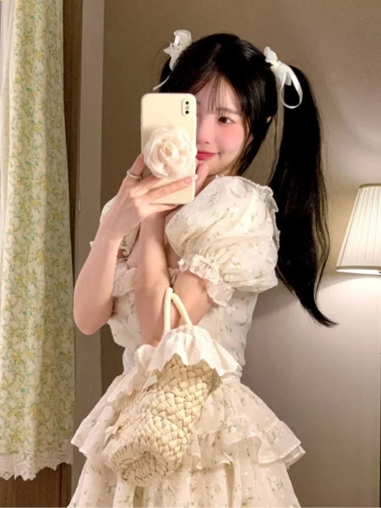 Print Dresses for Spring Summer Sweet Puff Sleeves Party Birthday Mini Dress Princess Vestidos New