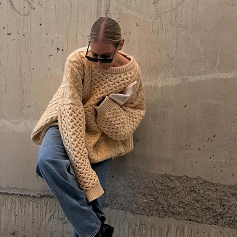 Oversized Knit Twist Pullovers Loose Lazy O-neck Long Sleeve Sweaters Female Autumn New Street Knitwear