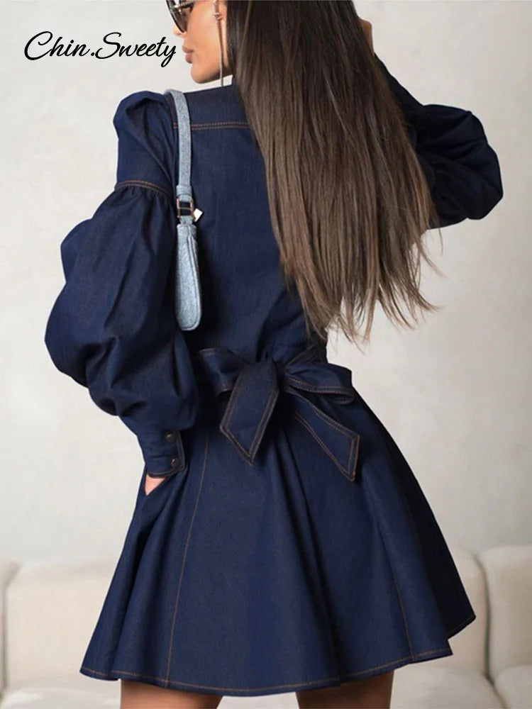’s Denim Blue Mini Dresses O-neck Long Sleeved Cinched High Waist Lace Up Dresses Spring Lady A-line Vestidos