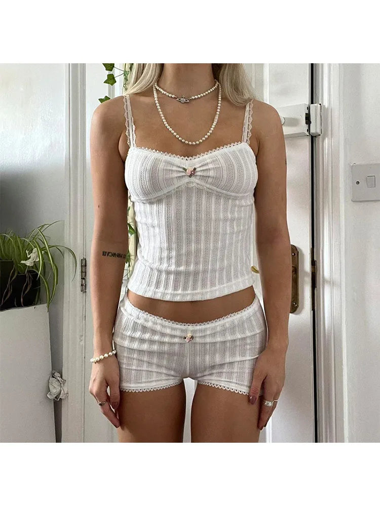 Woman Hot Pants Japanese Outfits Gyaru Tank Top Shorts Halter Top Sets Crochet New Trend Top Core