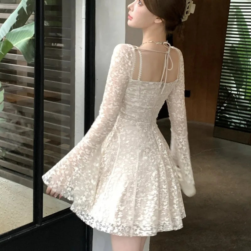 Lace Mini Dresses for Flare Sleeve Square Collar Corset Slim A-line Wedding Birthday Party Dress Y2k Prom Vestidos