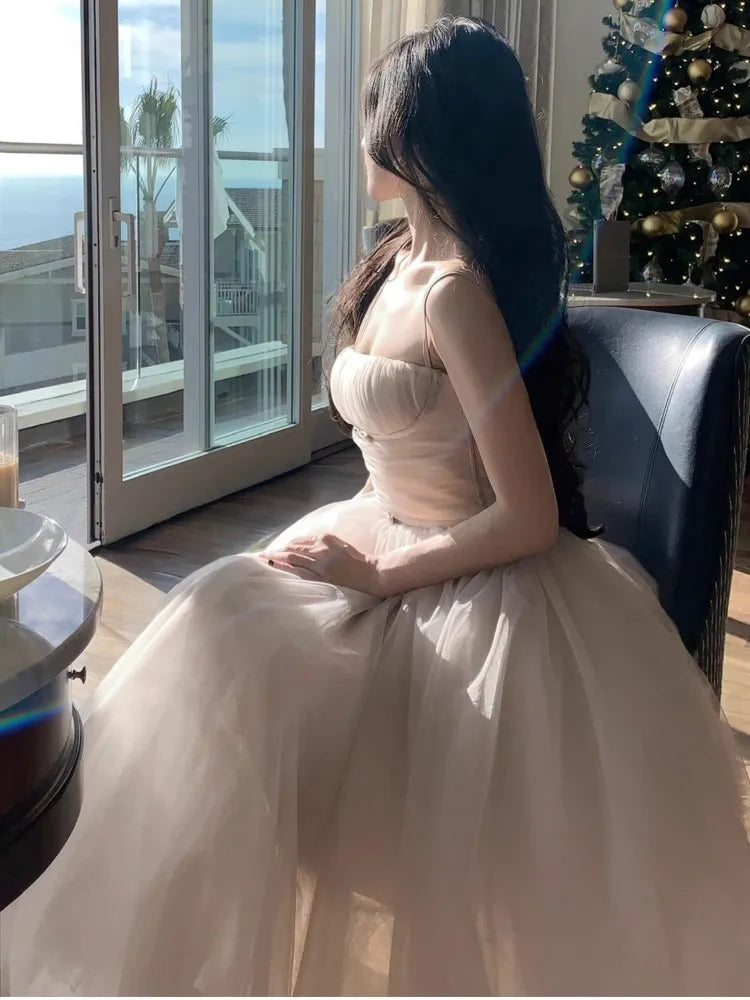 Fairycore White Princess Dress Sweet Ball Gown Birthday Party Vestidos Gauze Bodycone Strapless Camisole Long Dresses