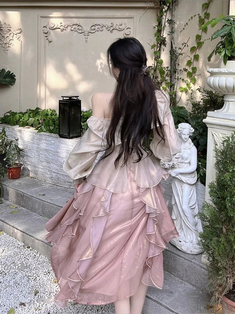 Summer French Evening Party Midi Dress Pink Korean Style Sweet Dress Female Bubble Sleeve Fairy Dress