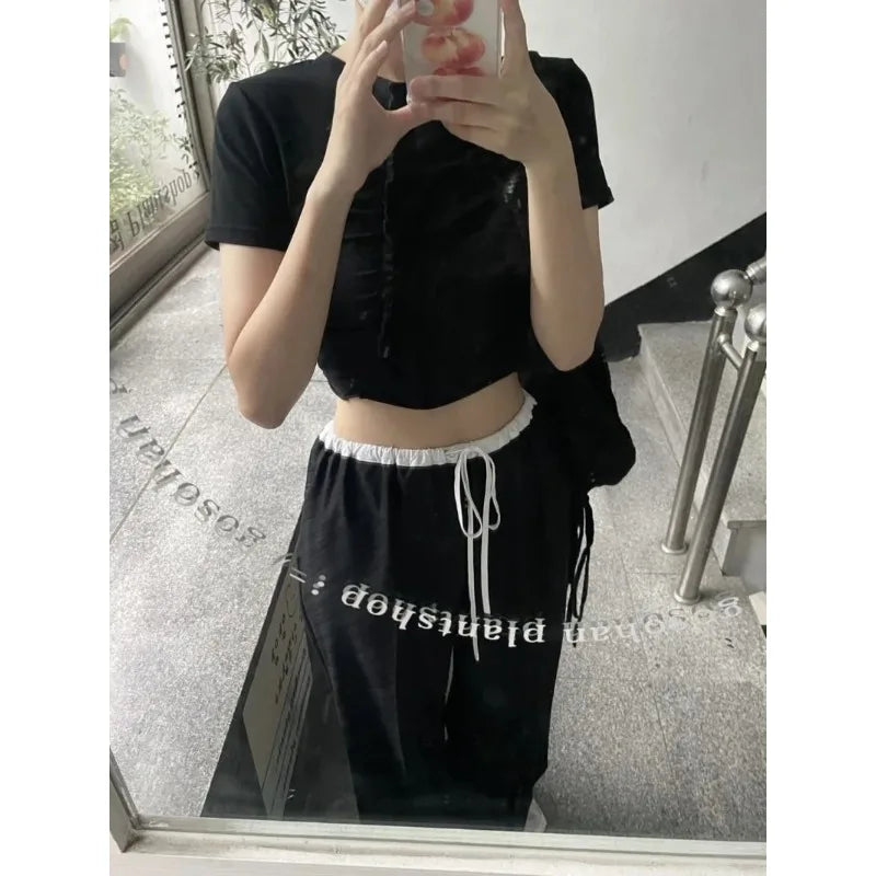 Summer Korean Retro High Street Black and White Stitching Elastic Laceup Wide Leg Pants