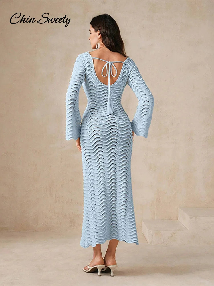 Beach Knit Hollow Out Maxi Dress Flare Sleeve Lace-up See-through Holiday Dresses Female Summer Lady Slim Robes