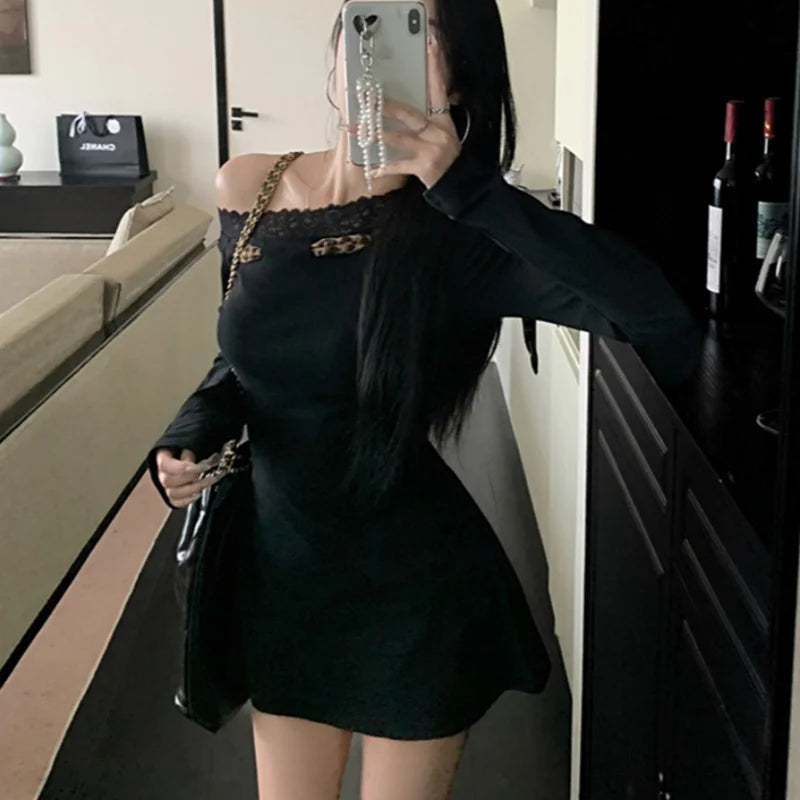 Dress Y2k Clothes Leopard Print Lace Trim Off Shoulder Long Sleeve a Line Mini Dress Party Dresses Clubwear