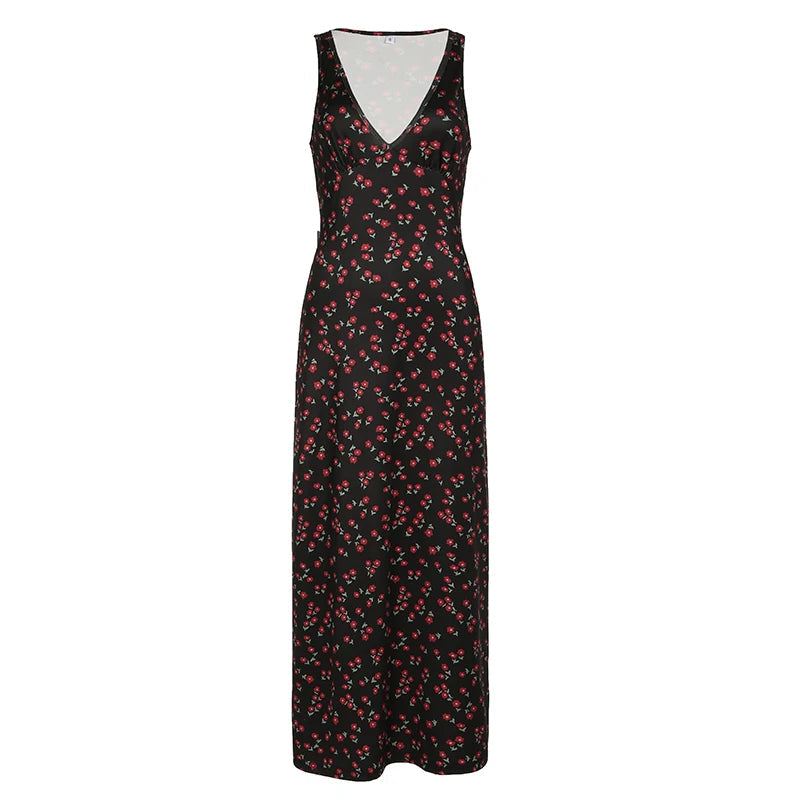 French Style Print Long Dress for Holiday Party Deep Vneck Sundress Slimfit Straight Tank Robe