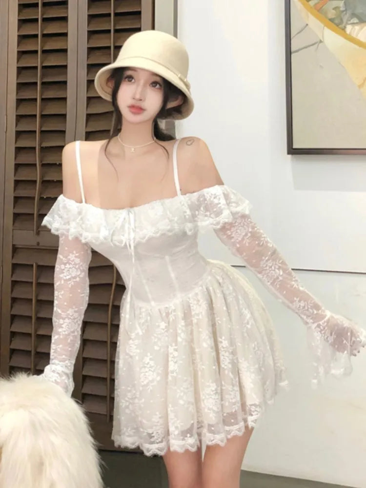 Lace Mini Dress for Sweet Slash Neck Spaghetti Strap Flare Long Sleeves Ruffle Slim Party Dresses Female Clothing New