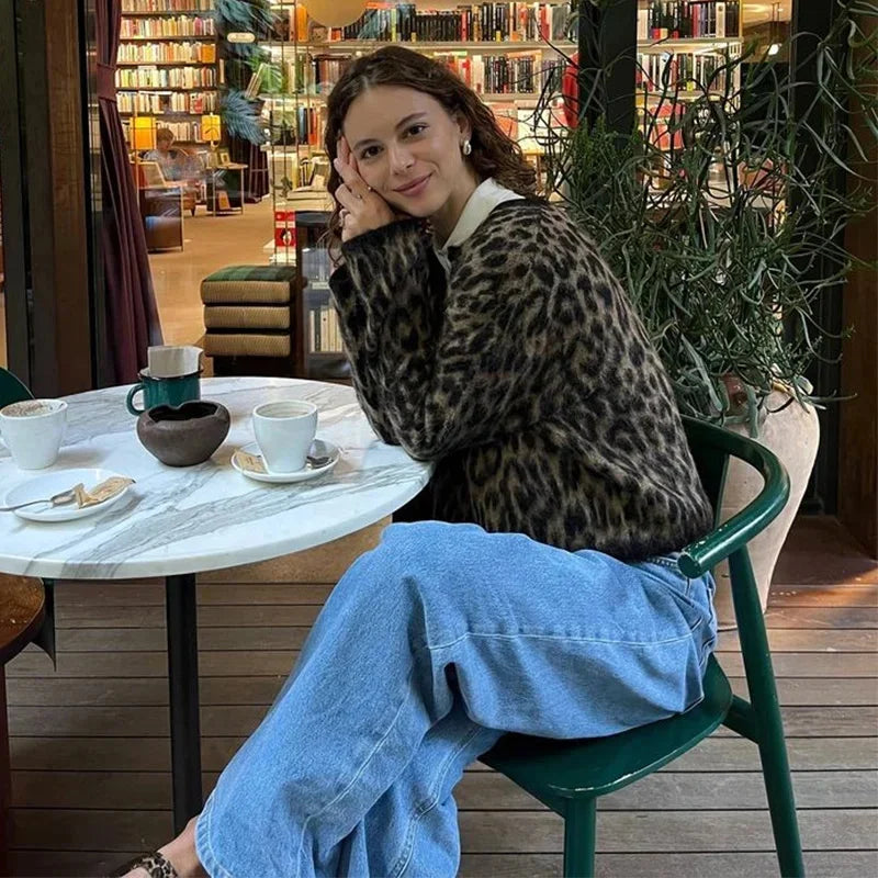 Leopard Print Knitted Mohair Cardigans O Neck Single Breasted Short Sweater Autumn New Lady