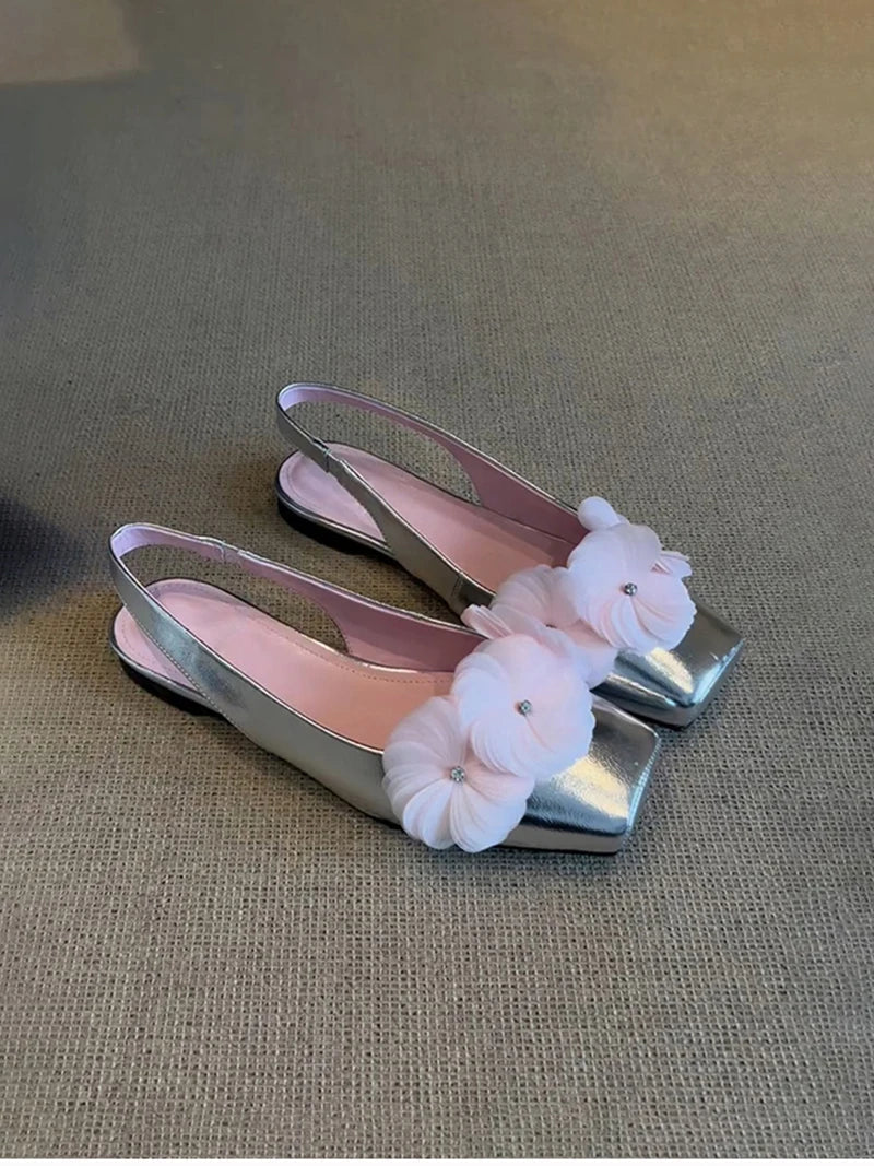 Summer Flower Mules Sandals Square Toe Slip on Singbacks Shoes Dress Flats Sandalias