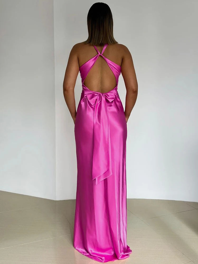 Satin Bow Backless Maxi Dress for Gown V Neck Sleeveless Club Party Evening Dress