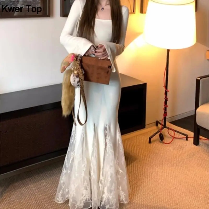 Bodycon Midi Dresses Flare Sleeve Slim Mermaid Dress Lace Fishtail Korean One Piece Party Dress Vestidos