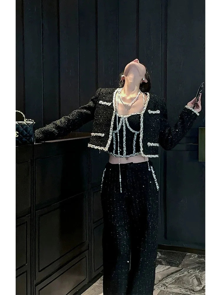 Sweet Hot Girl Retro Suit Autumn/winter Strapless Top Longsleeved Coat Hip Wrap Skirt Threepiece Set Female Clothes