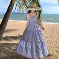Retro Blue Stripe Party Slim Sleeveless Long Dresses Club Vacation Pleated Slip Dress Summer