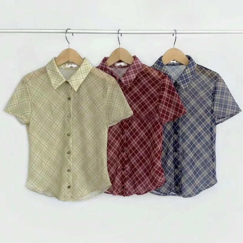 Korean Contrast Color Plaid Shortsleeved Shirt Summer New Polo Collar Multibutton Seethrough Crop Tops