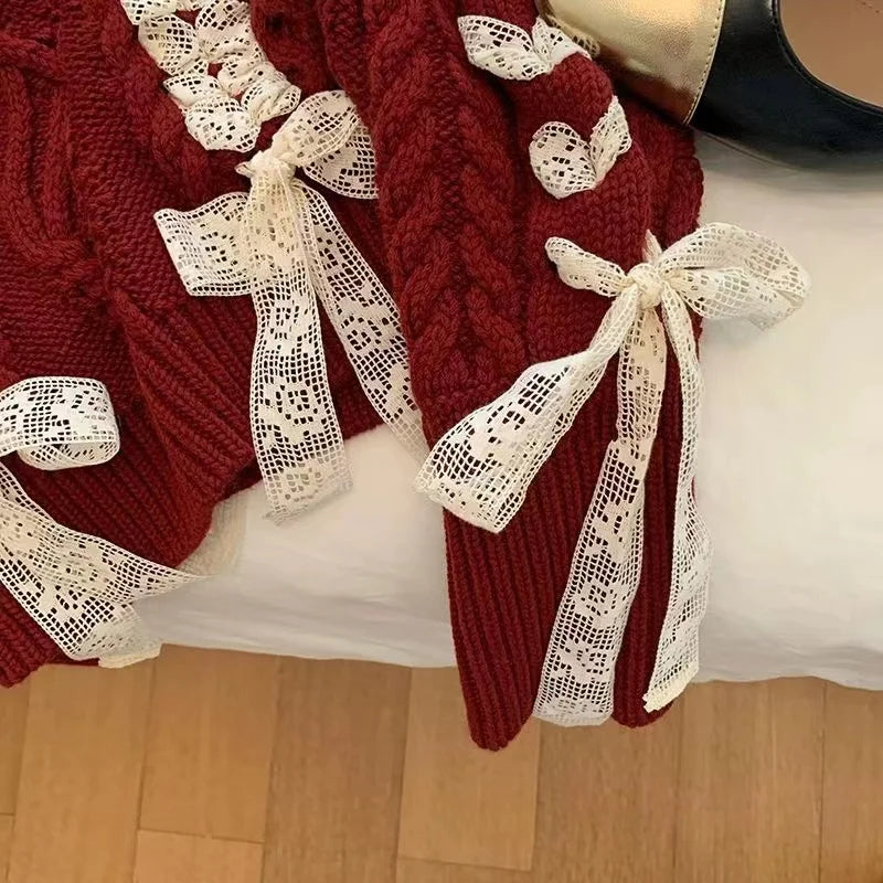 Sweet Hot Girl Christmas Red Twist Sweater Autumn/winter Laceup Bow Knitted Pullover Female Clothes