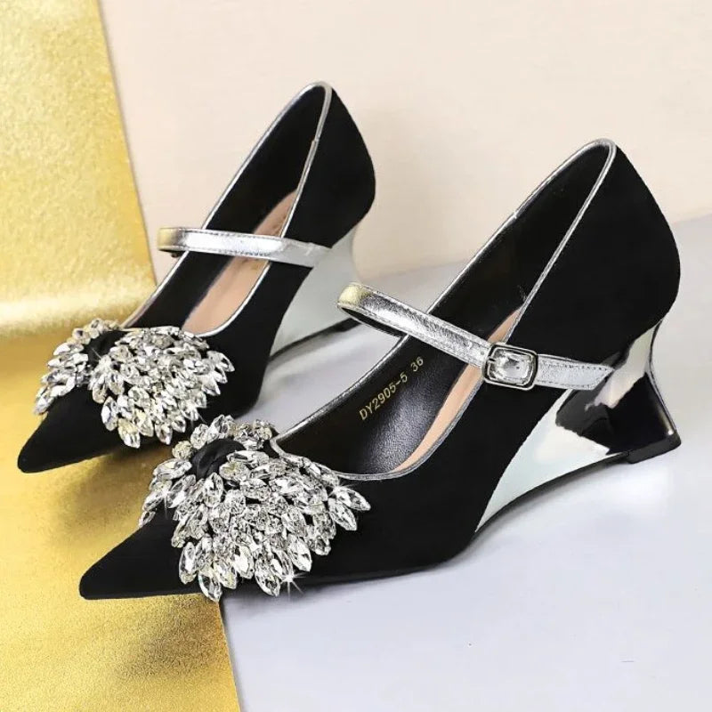 Rhinestone Design Wedge Shoes Shallow Pointed Toe Pumps Female Diamond Butterflyknot High Heels Zapatos De Mujer