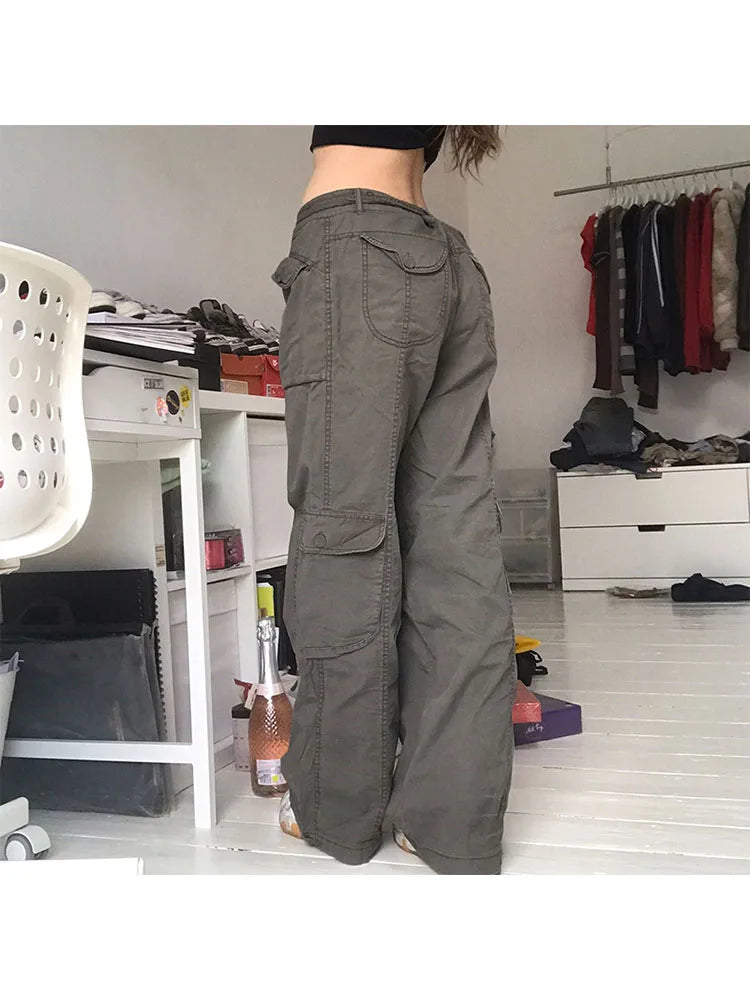 Woman Allmatch Jeans Denim Pants Cargo Pants Multiple Pockets Tunic Trousers Low Waist Baggy Ins