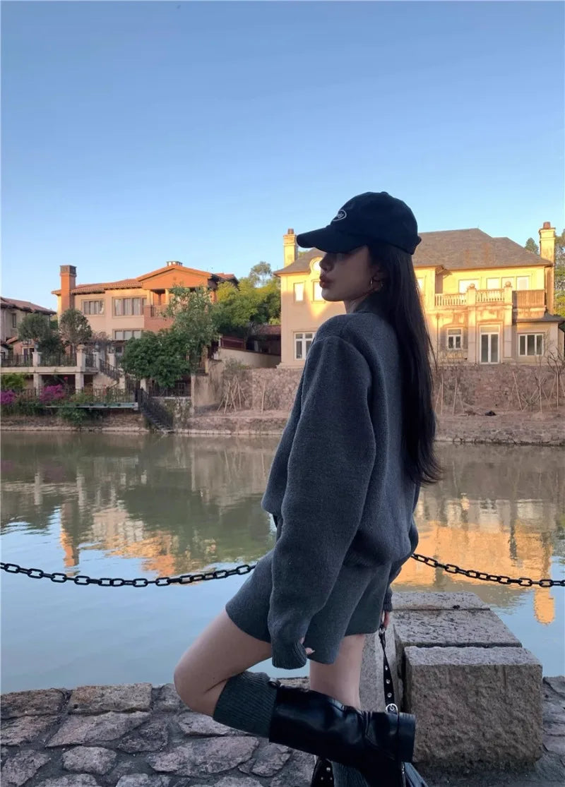 Sweet Hot Girl Suit Autumn/winter Sweater Peter Pan Collar Knitted Cardigan High Waist Shorts Twopiece Set