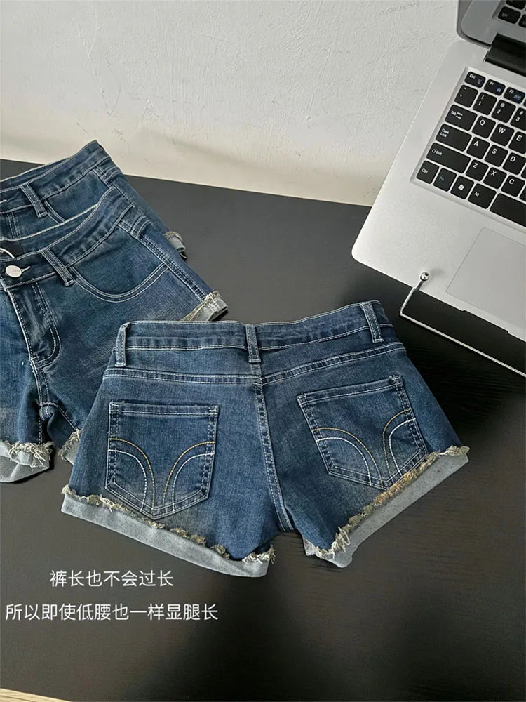Korean Blue Denim Shorts Coquette Gyaru High Waist Jeans Short Grunge Hot Pants Raw Edge American Retro
