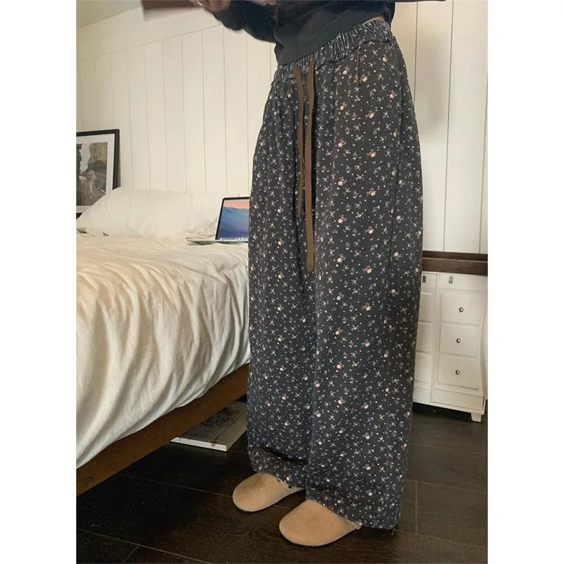 Sweatpants Woman Korean Baggy Thick Flower Print Wide Leg Pants Harajuku High Waist Autumn Warm Trousers