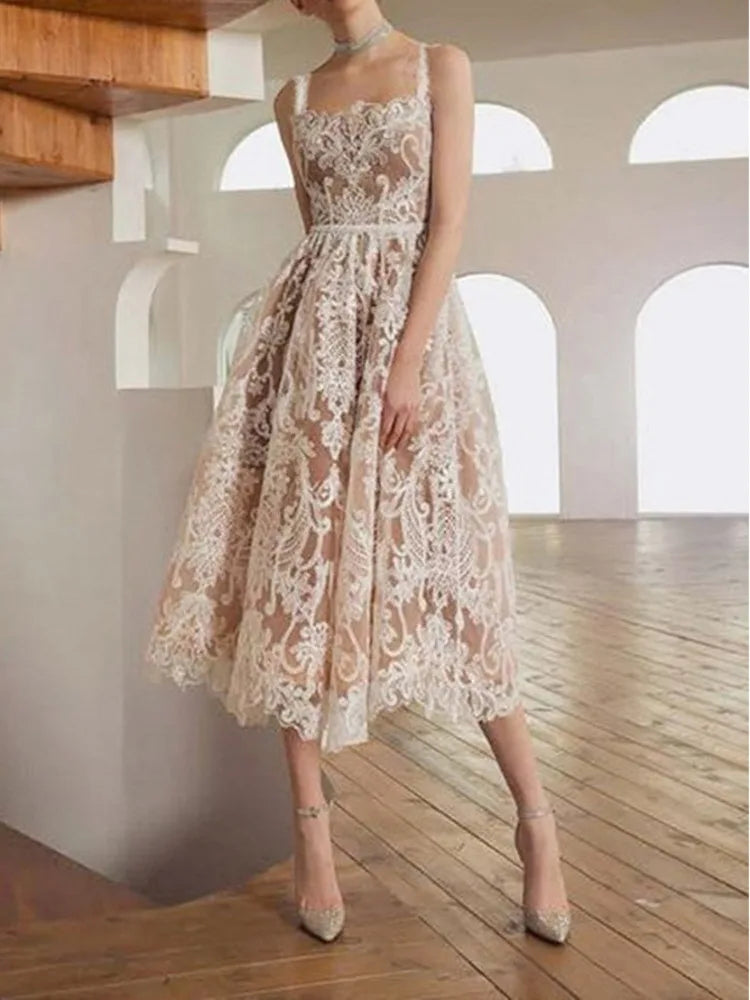 Square Neck Lace Embroidery Long Dress Fairycore Waist Sleeveless Camisole Dresses Spring Summer 23a8639