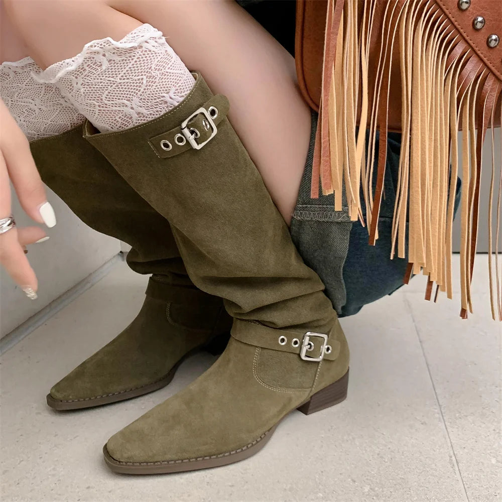 3442 Natural Suede Leather Flats Autumn Western Boots Double Metal Buckle Long Boots Shoes