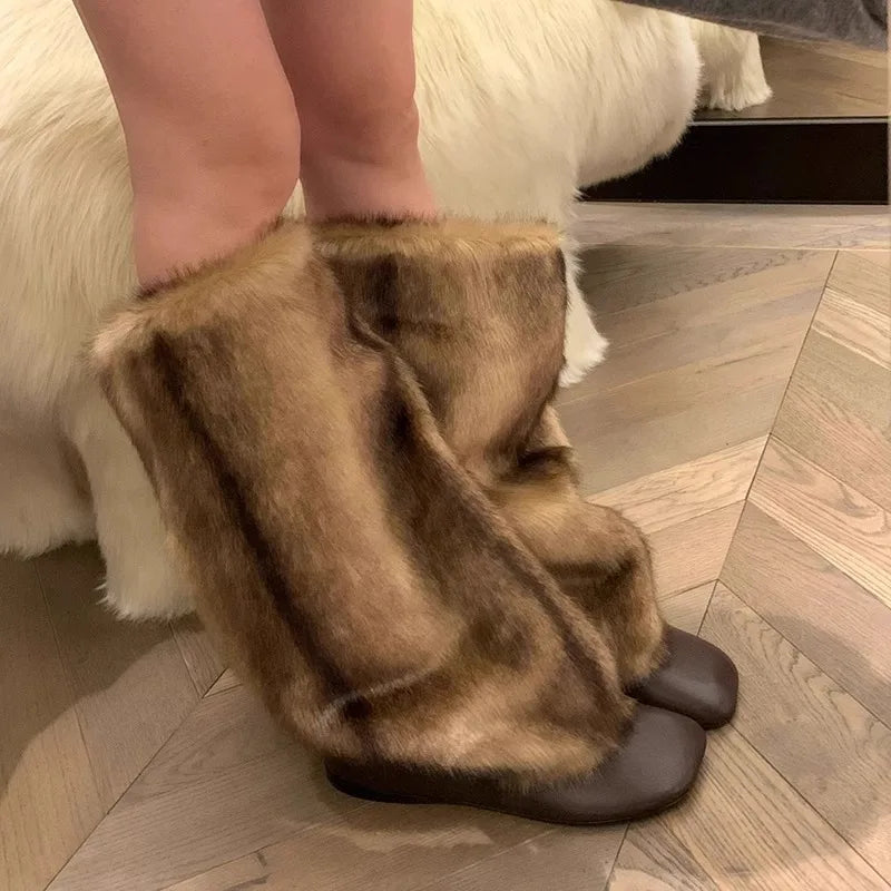 Hairy High Top Long Boots for in Winter Fashionable and Versatile, Knee Length, Low Heel, Warm Cotton Shoes, Snow Boots