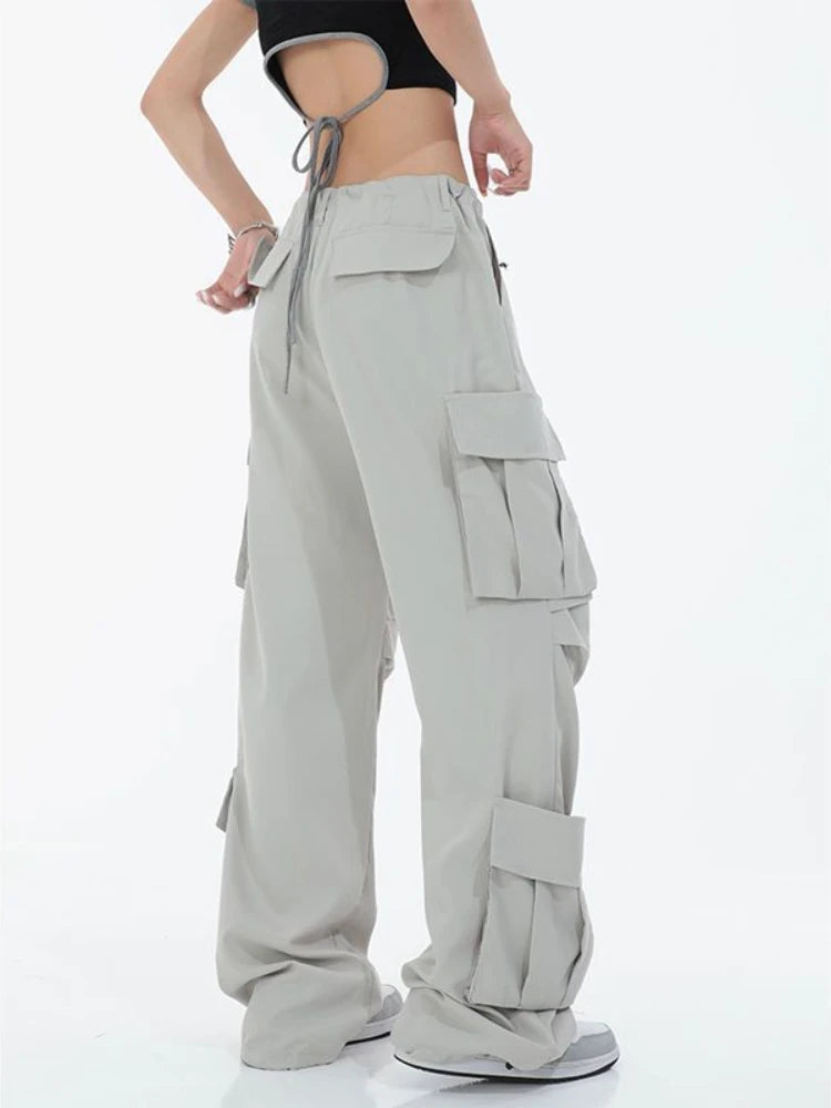 Y2k Cargo Pants Multiple Pocket Patchwork Drawstring Ruched Summer Loose Jogger Wide Leg Pants High Street