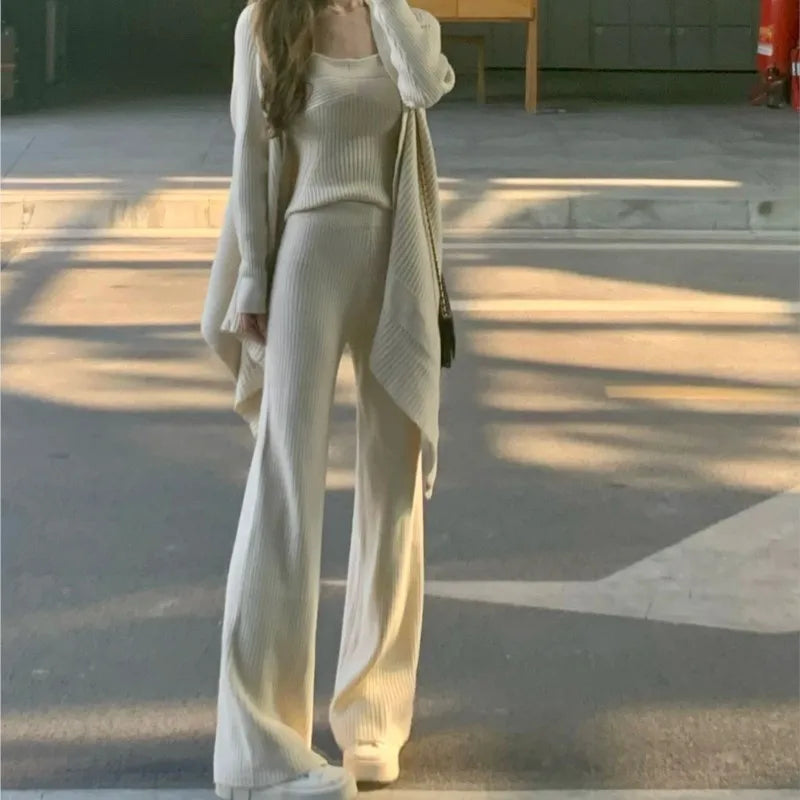 Autumn Winter Knitted 3piece Set Tank Top Long Pants Cardigan Sweater Pullover Korean Outfits New